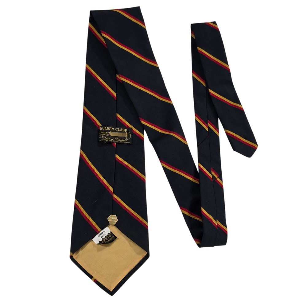Vtg Golden Clasp Prince Consort REPP Striped Silk Necktie Black Red Yellow‎ USA